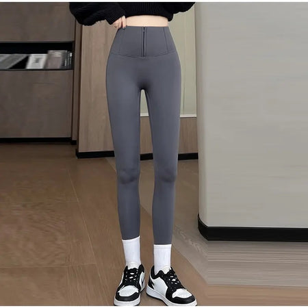 Martha Slimming Premium Fleece Leggings with Buttons - front shot on model, grey - Miss Mosa By Akanksha