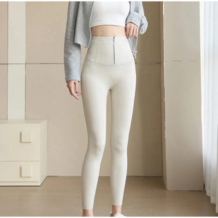 Martha Slimming Premium Fleece Leggings with Buttons - front shot on model, cream - Miss Mosa By Akanksha