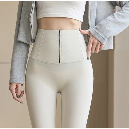 Martha Slimming Premium Fleece Leggings with Buttons - close-up of waistband on model, cream - Miss Mosa By Akanksha
