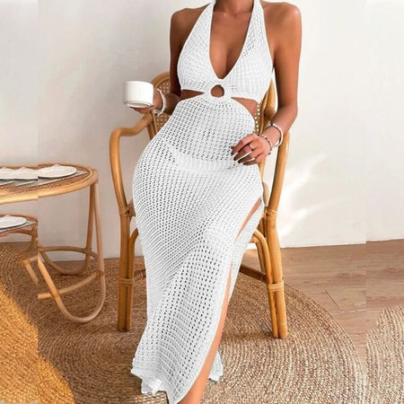 Marthey Soft Knit Dress- Resortwear In White - front shot on model seated - Miss Mosa By Akanksha