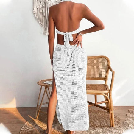 Marthey Soft Knit Dress- Resortwear In White - back shot on model - Miss Mosa By Akanksha