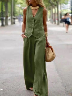 Martin Statement Linen Vest Suit with Pants In Olive - full-length shot on model, olive - Miss Mosa By Akanksha