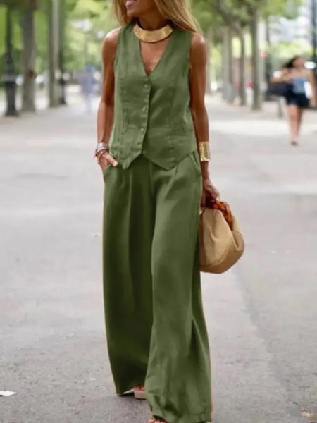 Martin Statement Linen Vest Suit with Pants In Olive - full-length shot on model, olive - Miss Mosa By Akanksha