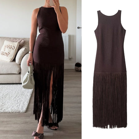 Martina Backless Fringed Dress - full-length shot with flat-lay, dark brown - Miss Mosa By Akanksha