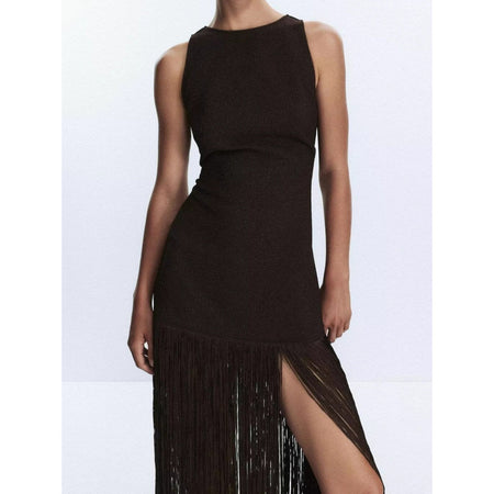 Martina Backless Fringed Dress - front shot, dark brown - Miss Mosa By Akanksha