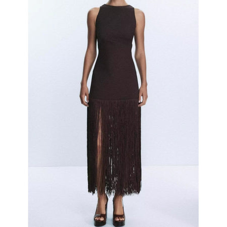 Martina Backless Fringed Dress - front shot, dark brown - Miss Mosa By Akanksha