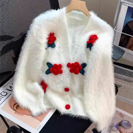 Martina Luxe Rose Cardigan - flat-lay front shot, white with red flowers - Miss Mosa By Akanksha
