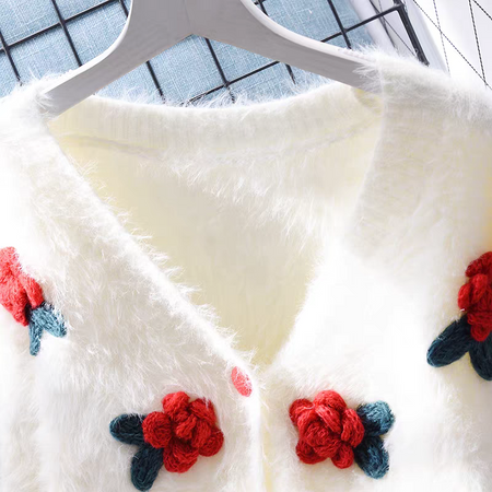 Martina Luxe Rose Cardigan - neckline close-up shot, white with red flowers - Miss Mosa By Akanksha