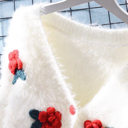 Martina Luxe Rose Cardigan - neckline detail shot, white with red flowers - Miss Mosa By Akanksha