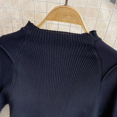 Mary A-Line Woolen Dress In Black - close-up of knit neckline, black - Miss Mosa By Akanksha