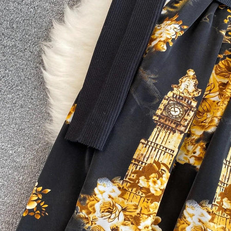 Mary A-Line Woolen Dress In Black - close-up of print detail, multicolour - Miss Mosa By Akanksha