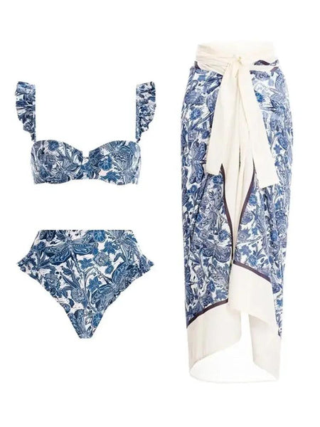 Mary Bikini with Sarong - styled flat-lay shot, blue - Miss Mosa By Akanksha