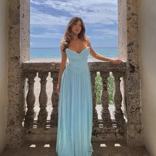 Mary Offshoulder Pleated Maxi Dress In Blue