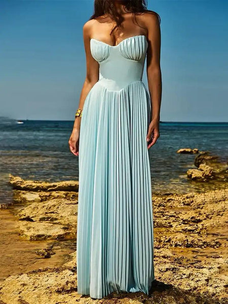 Mary Offshoulder Pleated Maxi Dress In Blue - front shot on model on beach - Miss Mosa By Akanksha