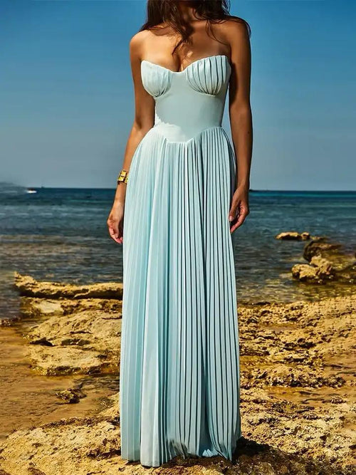 Mary Offshoulder Pleated Maxi Dress In Blue