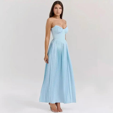 Mary Offshoulder Pleated Maxi Dress In Blue - full-length front shot on model - Miss Mosa By Akanksha