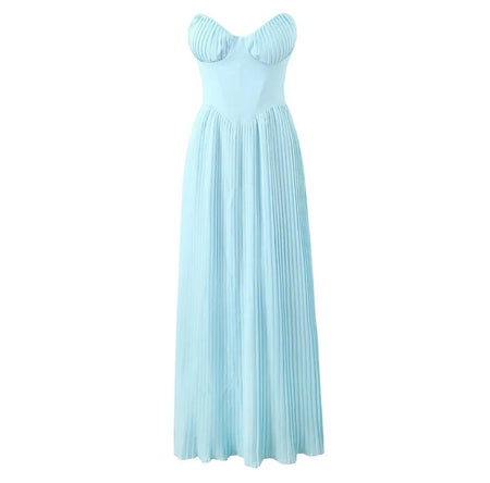 Mary Offshoulder Pleated Maxi Dress In Blue - flat-lay front product shot of dress - Miss Mosa By Akanksha