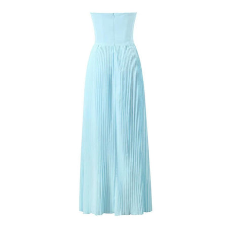 Mary Offshoulder Pleated Maxi Dress In Blue - flat-lay back product shot of dress - Miss Mosa By Akanksha