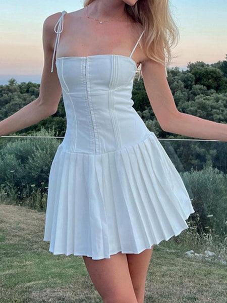 Mary Pleated Summer Dress in White - front shot on model, white - Miss Mosa By Akanksha