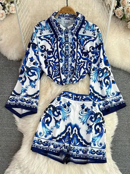 Mary Porcelain Coord Set In Blue - styled flat-lay shot, blue - Miss Mosa By Akanksha
