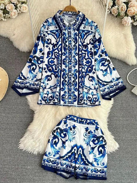 Mary Porcelain Coord Set In Blue - styled flat-lay shot, blue - Miss Mosa By Akanksha
