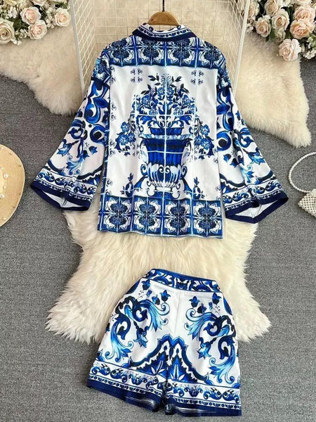 Mary Porcelain Coord Set In Blue - styled flat-lay shot, blue - Miss Mosa By Akanksha