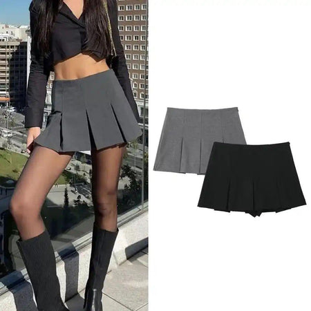 Maseo Statement Skorts - styling shot on model with flat-lay, grey - Miss Mosa By Akanksha