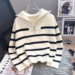 Mastro Striped Statement Sweater - front shot on hanger, cream - Miss Mosa By Akanksha