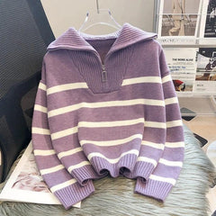Mastro Striped Statement Sweater - front shot on hanger, lilac - Miss Mosa By Akanksha