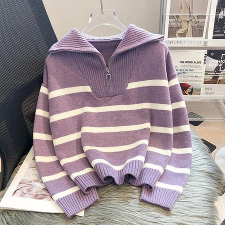 Mastro Striped Statement Sweater - front shot on hanger, lilac - Miss Mosa By Akanksha