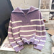 Mastro Striped Statement Sweater - front shot on hanger, lilac - Miss Mosa By Akanksha
