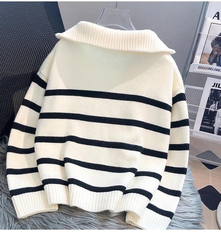 Mastro Striped Statement Sweater - back shot on hanger, cream - Miss Mosa By Akanksha