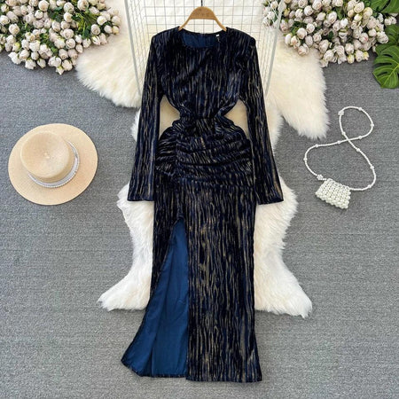 Mastro Velour Winter Dress - styled flat-lay shot, navy - Miss Mosa By Akanksha