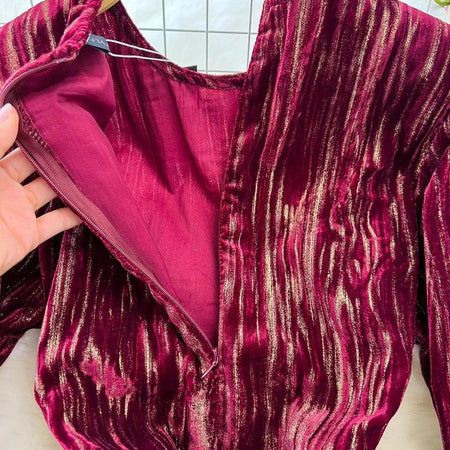 Mastro Velour Winter Dress - close-up of fabric and neckline, maroon - Miss Mosa By Akanksha