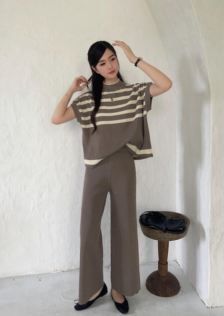 Matsel Ribbed Summer Co-ord Set - full-length shot on model, brown - Miss Mosa By Akanksha