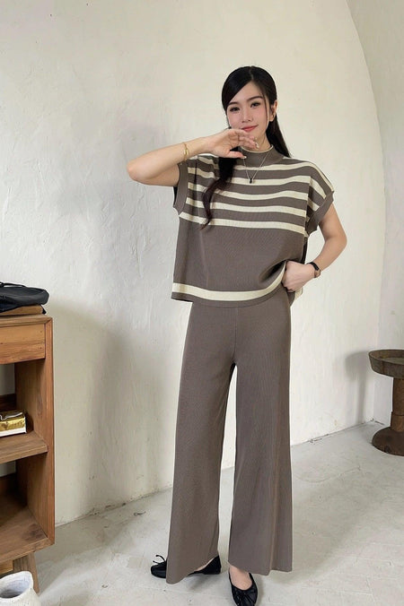 Matsel Ribbed Summer Co-ord Set - full-length shot on model, brown - Miss Mosa By Akanksha