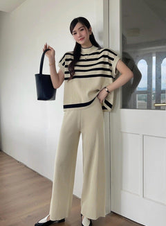 Matsel Ribbed Summer Co-ord Set - full-length shot on model, cream - Miss Mosa By Akanksha