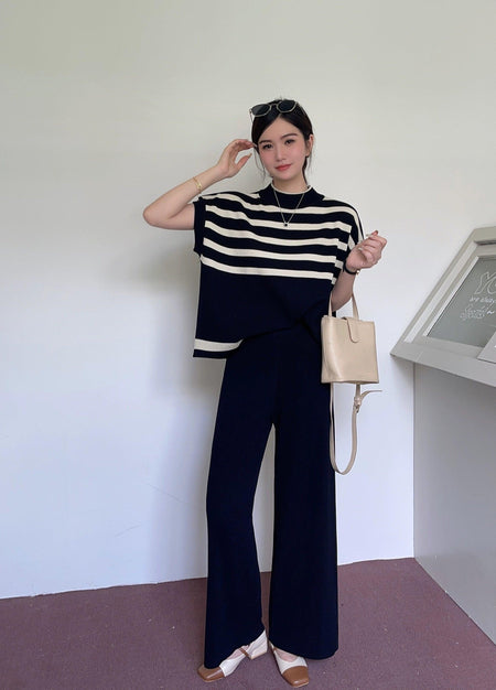 Matsel Ribbed Summer Co-ord Set - full-length shot on model, navy - Miss Mosa By Akanksha