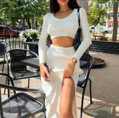 Matsel Statement Knit Coord Set - front shot on model seated, white - Miss Mosa By Akanksha