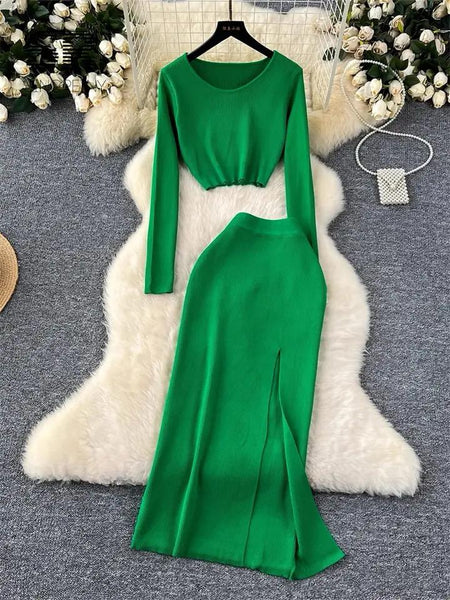 Matsel Statement Knit Coord Set - flat-lay product shot, green - Miss Mosa By Akanksha