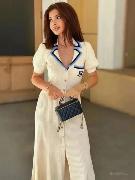 Mave Soft Knit Dress in Beige - front shot on model, beige - Miss Mosa By Akanksha
