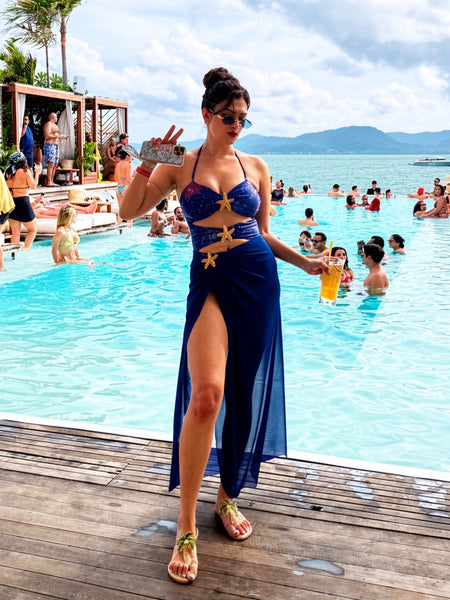 Mavis Cutout Swimsuit With Skirt - seated shot, navy blue - Miss Mosa By Akanksha