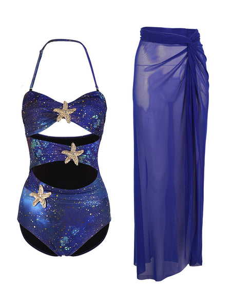 Mavis Cutout Swimsuit With Skirt - three-quarter shot, navy blue - Miss Mosa By Akanksha