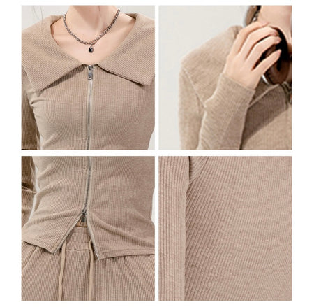 Maya Comfortable Winter Premium Trackset - close-up grid of zip and rib detail, beige - Miss Mosa By Akanksha