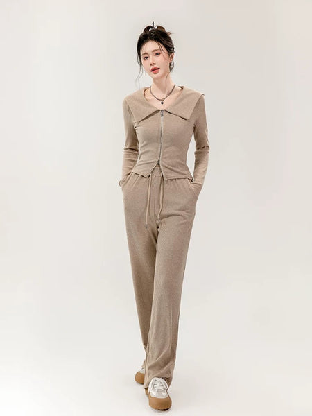 Maya Comfortable Winter Premium Trackset - full-length front shot on model, beige - Miss Mosa By Akanksha