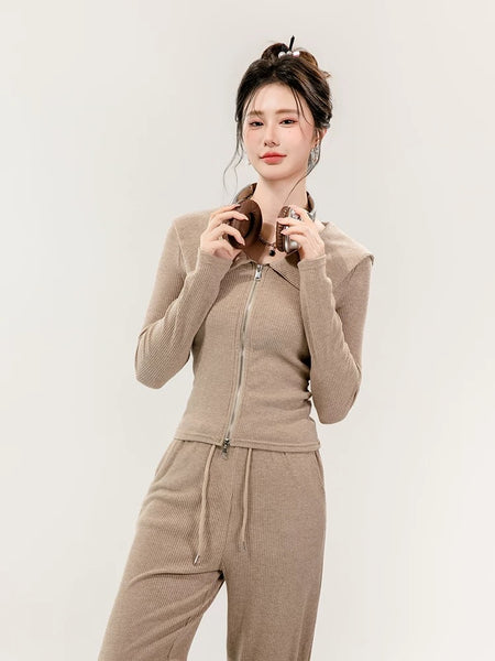 Maya Comfortable Winter Premium Trackset - front shot on model with headphones, beige - Miss Mosa By Akanksha