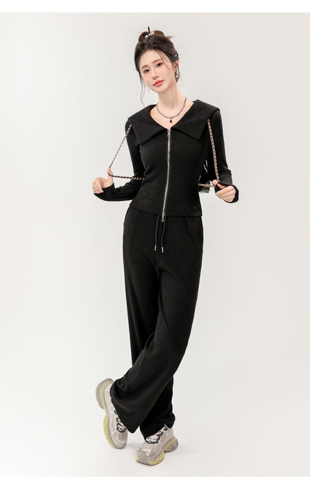 Maya Comfortable Winter Premium Trackset - full-length front shot on model, black - Miss Mosa By Akanksha