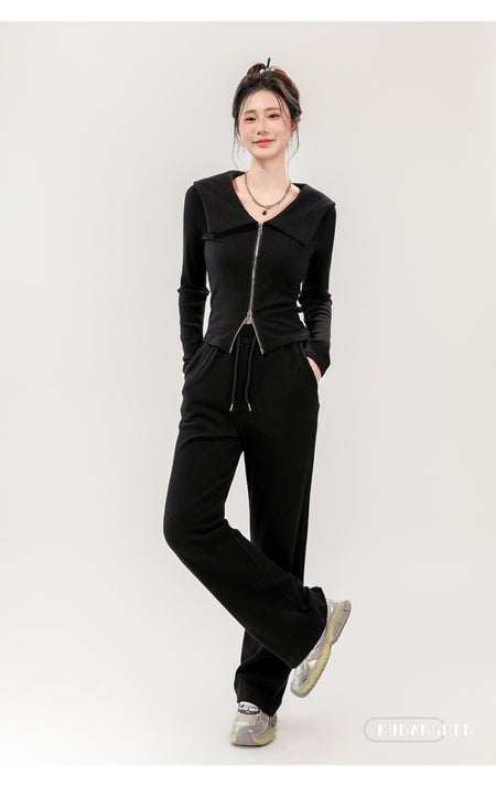 Maya Comfortable Winter Premium Trackset - full-length front shot on model, black - Miss Mosa By Akanksha