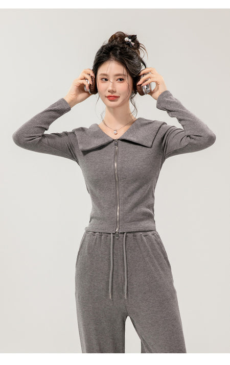 Maya Comfortable Winter Premium Trackset - front shot on model with headphones, grey - Miss Mosa By Akanksha
