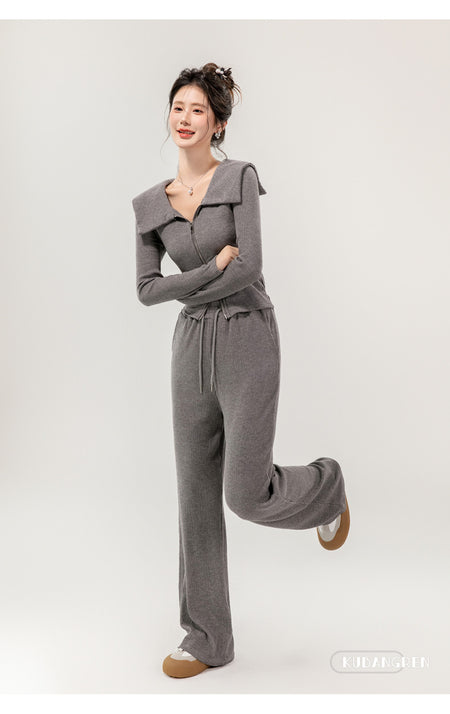 Maya Comfortable Winter Premium Trackset - full-length side shot on model, grey - Miss Mosa By Akanksha